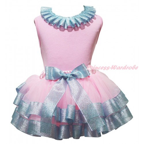 Light Pink Baby Pettitop Sparkle Light Blue Lacing & Light Pink Sparkle Light Blue Trimmed Baby Pettiskirt NG1974