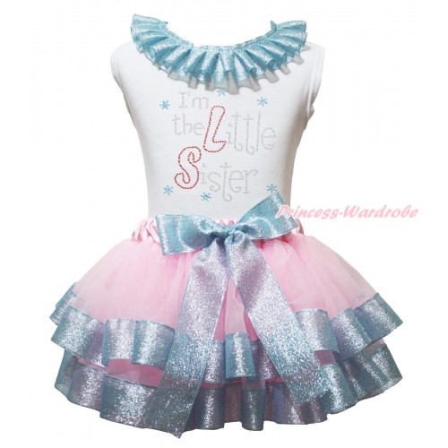 White Baby Pettitop Sparkle Blue Lacing & Rhinestone I'm The Little Sister Print & Light Pink Sparkle Blue Trimmed Newborn Pettiskirt NG1975