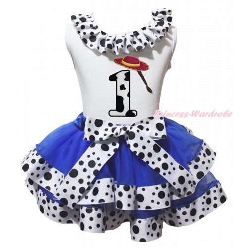 White Baby Pettitop White Black Dots Lacing & 1st Cowgirl Hat Braid Milk Cow Birthday Number Print & Royal Blue White Black Dots Trimmed Newborn Pettiskirt NG1986