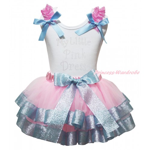 White Baby Pettitop Sparkle Light Pink Ruffles Light Blue Bows & Rhinestone My Little Pink Dress Print & Light Pink Sparkle Blue Trimmed Newborn Pettiskirt NG1992