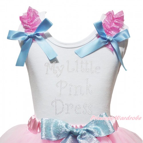 White Tank Top Sparkle Light Pink Ruffles Light Blue Bow & Sparkle Rhinestone My Little Pink Dress Print TB1440