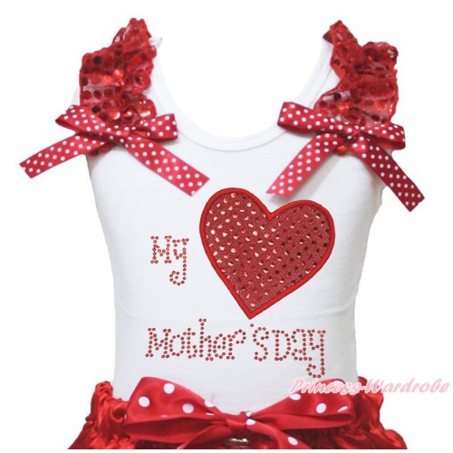 White Tank Top Red Sequins Ruffles Minnie Dots Bow & Sparkle Rhinestone My Red Heart Mother' Day Print TB1448