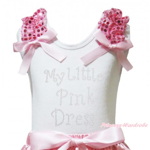White Tank Top Light Pink Sequins Ruffles Light Pink Bow & Sparkle Rhinestone My Little Pink Dress Print TB1449