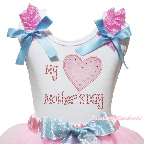 White Tank Top Sparkle Pink Ruffles Light Blue Bow & Sparkle Rhinestone My Light Pink Heart Mother's Day Print TB1460