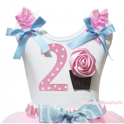 White Tank Top Sparkle Pink Ruffles Light Blue Bow & 2nd Light Pink White Dots Birthday Number & Rose Cupcake Print TB1462
