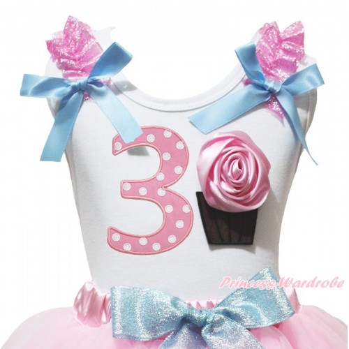 White Tank Top Sparkle Pink Ruffles Light Blue Bow & 3rd Light Pink White Dots Birthday Number & Rose Cupcake Print TB1463