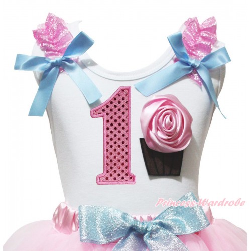 White Tank Top Sparkle Pink Ruffles Light Blue Bow & 1st Sparkle Light Pink Birthday Number & Rose Cupcake Print TB1464