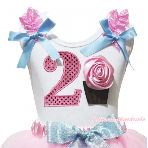 White Tank Top Sparkle Pink Ruffles Light Blue Bow & 2nd Sparkle Light Pink Birthday Number & Rose Cupcake Print TB1465