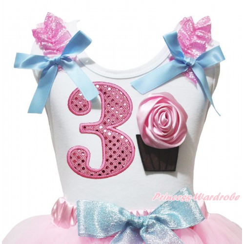 White Tank Top Sparkle Pink Ruffles Light Blue Bow & 3rd Sparkle Light Pink Birthday Number & Rose Cupcake Print TB1466