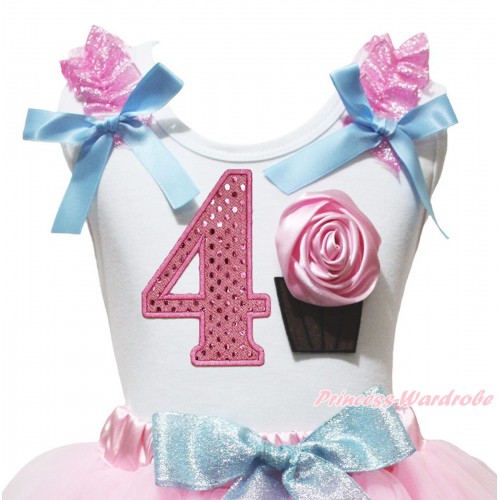 White Tank Top Sparkle Pink Ruffles Light Blue Bow & 4th Sparkle Light Pink Birthday Number & Rose Cupcake Print TB1467