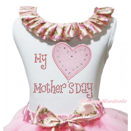White Tank Top Pink Rose Fusion Lacing & Sparkle Rhinestone My Light Pink Heart Mother's Day TB1476