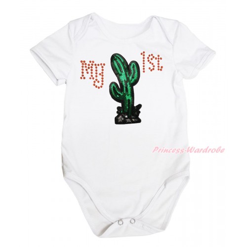 Cinco De Mayo White Baby Jumpsuit Rhinestone My 1st Sequins Cactus Print TH658