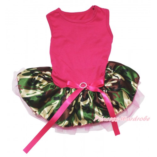 Hot Pink Sleeveless Hot Pink Camouflage Gauze Skirt & Hot Pink Rhinestone Bow Pet Dress DC238