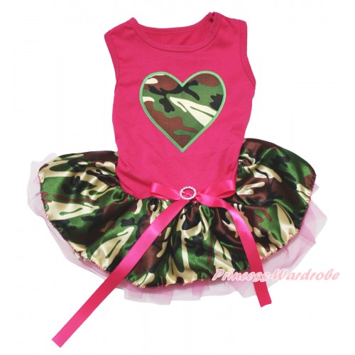 Hot Pink Sleeveless Hot Pink Camouflage Gauze Skirt & Camouflage Heart Print & Hot Pink Rhinestone Bow Pet Dress DC240