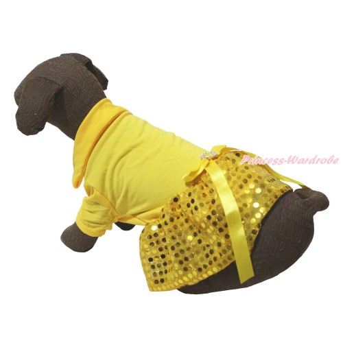 Yellow Short Sleeves Tee Shirt Yellow Bling Sequins Skirt & Yellow Rhinestone Bow Pet Dress DC242
