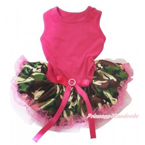 Hot Pink Sleeveless Hot Pink Camouflage Lace Gauze Skirt & Hot Pink Rhinestone Bow Pet Dress DC246