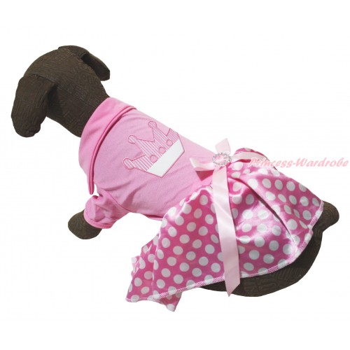Pink Short Sleeves Tee Shirt Pink White Dots Skirt & Crown Print & Pink Rhinestone Bow Pet Dress DC258