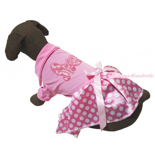 Pink Short Sleeves Tee Shirt Pink White Dots Skirt & Sweet Print & Pink Rhinestone Bow Pet Dress DC261