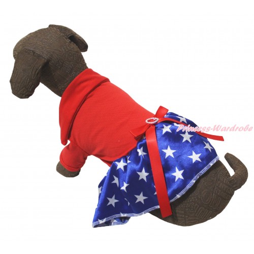 American's Birthday Red Short Sleeves Tee Shirt Patriotic American Star Skirt & Red Rhinestone Bow Pet Dress DC262