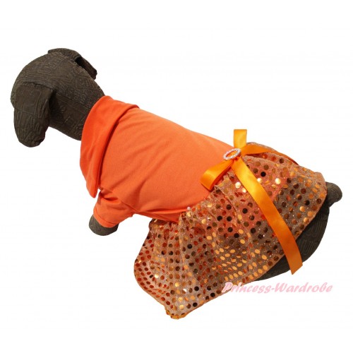 Orange Short Sleeves Tee Shirt Orange Bling Sequins Skirt & Orange Rhinestone Bow Pet Dress DC273