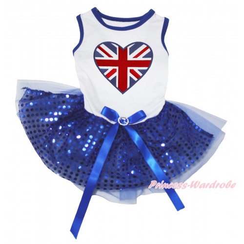 White Blue Piping Sleeveless Royal Blue Bling Sequins Gauze Skirt & Patriotic British Heart Print & Royal Blue Rhinestone Bow Pet Dress DC288