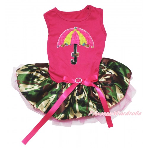 Hot Pink Sleeveless Hot Pink Camouflage Lace Gauze Skirt & Sparkle Umbrella Print & Hot Pink Rhinestone Bow Pet Dress DC292