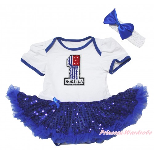 American's Birthday White Baby Bodysuit Jumpsuit Bling Royal Blue Sequins Pettiskirt & 1st American Flag Birthday Number Print JS5055