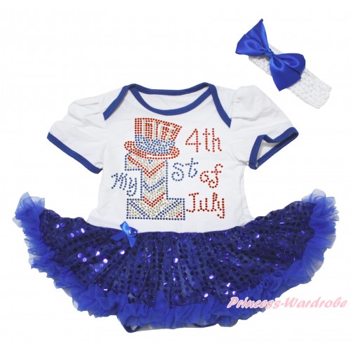 American's Birthday White Baby Bodysuit Jumpsuit Bling Royal Blue Sequins Pettiskirt & Rhinestone My 1st American 4th Of July Print JS5056