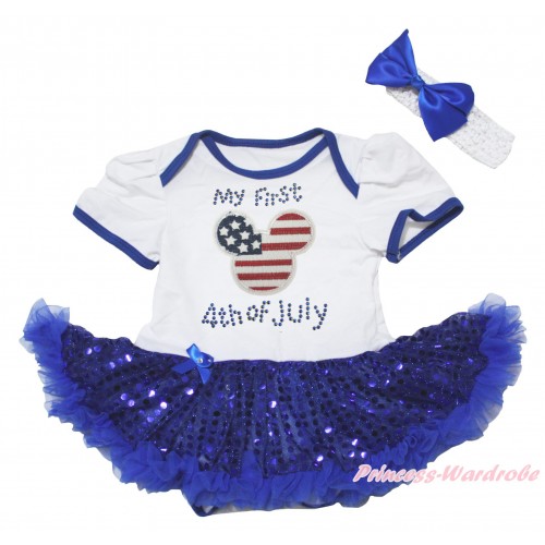 American's Birthday White Baby Bodysuit Jumpsuit Bling Royal Blue Sequins Pettiskirt & American Striped Stars Minnie Rhinestone My 1st American 4th Of July Print JS5057