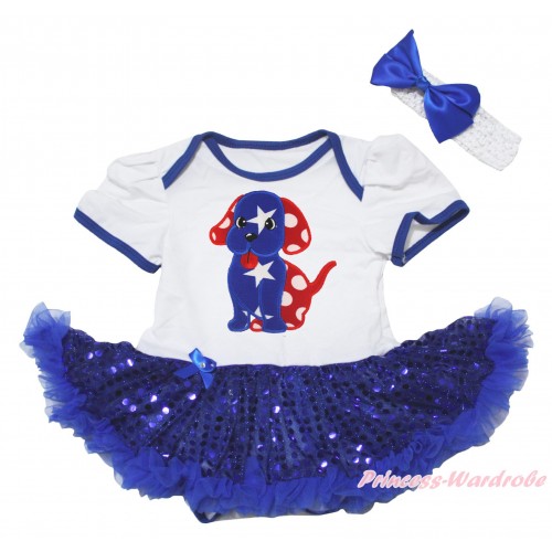 American's Birthday White Baby Bodysuit Jumpsuit Bling Royal Blue Sequins Pettiskirt & Patriotic Star Ruffle Red White Bow Minnie Dot Dog Puppy JS5058
