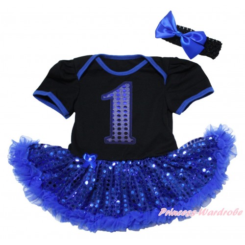 Black Baby Bodysuit Bling Royal Blue Sequins Pettiskirt & 1st Sparkle Royal Blue Birthday Number Print JS5060