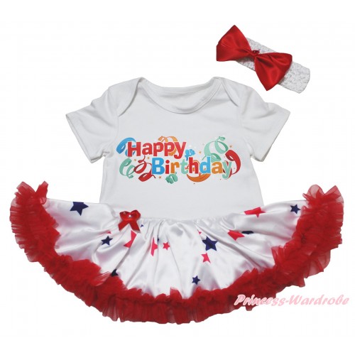 White Baby Bodysuit Red Blue Star Pettiskirt & Happy Birthday Painting JS5067