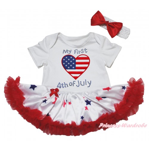 American's Birthday White Baby Bodysuit Jumpsuit Red Blue Star Pettiskirt & Rhinestone My First American Heart 4th Of July Print JS5069