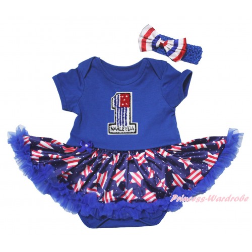 American's Birthday Blue Baby Bodysuit Jumpsuit White Dots Patriotic American Star Pettiskirt & 1st American Flag Birthday Number Print JS5075