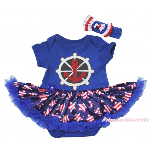 American's Birthday Blue Baby Bodysuit Jumpsuit White Dots Patriotic American Star Pettiskirt & Anchors Print JS5076