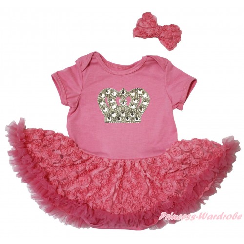 Dusty Pink Baby Bodysuit Dusty Pink Rose Pettiskirt & Silver Sparkle Crystal Bling Rhinestone Crown Print JS5086