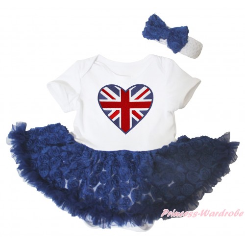 White Baby Bodysuit Navy Blue Rose Pettiskirt & British Heart Print JS5095
