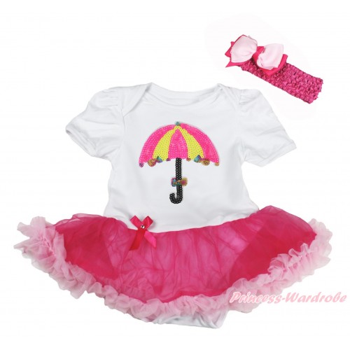 White Baby Bodysuit Hot Pink Pettiskirt & Sparkle Umbrella Print JS5099