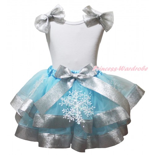 White Baby Pettitop Sparkle Grey Silver Bows & Snowflakes Light Blue Sparkle Grey Silver Trimmed Baby Pettiskirt  NG2005