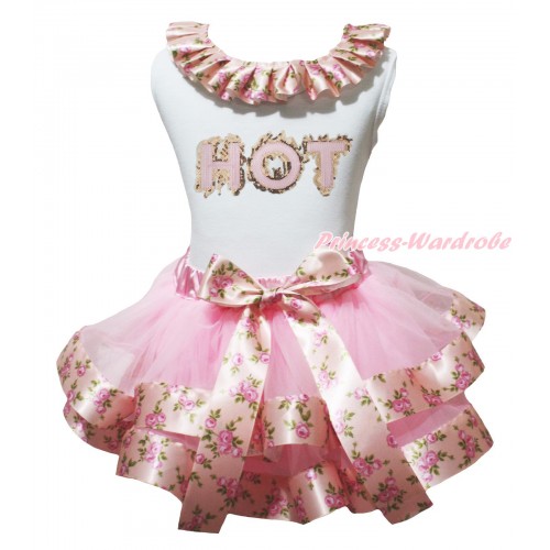White Baby Tank Top Pink Rose Fusion Lacing & Sparkle Sequins Pink HOT Print & Light Pink Rose Fusion Trimmed Baby Pettiskirt  NG2007