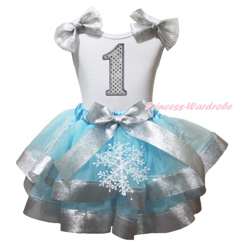 White Baby Pettitop Sparkle Grey Silver Bows & 1st Sparkle Royal Grey Birthday Number Print & Snowflakes Light Blue Sparkle Grey Silver Trimmed Newborn Pettiskirt NG2011