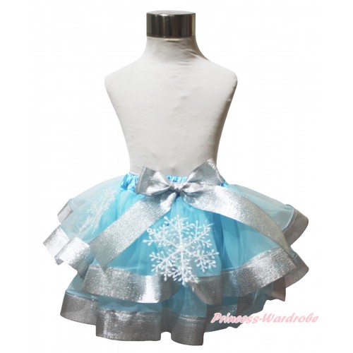 Snowflakes Light Blue & Sparkle Silver Grey Trimmed Full Pettiskirt & Bow P244