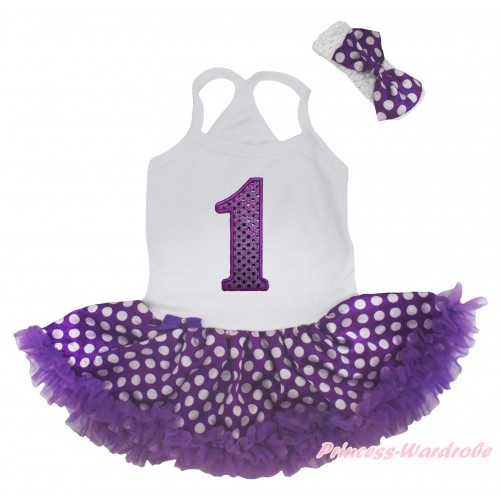 White Baby Halter Jumpsuit & 1st Sparkle Birthday Number Print & Purple White Dots Pettiskirt JS5179