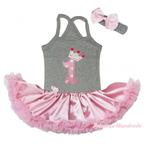 Grey Baby Halter Jumpsuit & 1st Pink White Dots Crown Birthday Number Print & Light Pink Pettiskirt JS5189