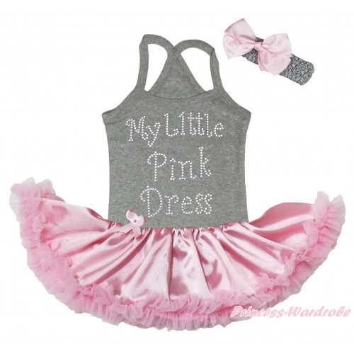 Grey Baby Halter Jumpsuit & Sparkle Rhinestone My Little Pink Dress Print & Light Pink Pettiskirt JS5190