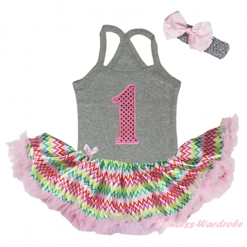 Grey Baby Halter Jumpsuit & 1st Sparkle Light Pink Birthday Number Print & Rainbow Chevron Pettiskirt JS5193