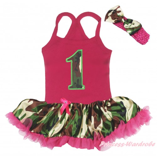Hot Pink Baby Halter Jumpsuit & 1st Camouflage Birthday Number Print & Camouflage Hot Pink Pettiskirt JS5209