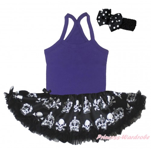 Halloween Dark Purple Baby Halter Jumpsuit & Black Crown Skeleton Newborn Pettiskirt JS5213
