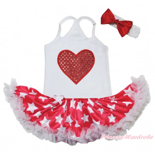 American's Birthday White Baby Halter Jumpsuit & Sparkle Red Heart Print & Red Patriotic American Star Pettiskirt JS5223