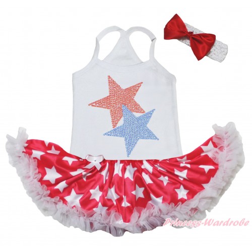 American's Birthday White Baby Halter Jumpsuit & Sparkle Crystal Bling Rhinestone Red Blue Twin Star Print & Red Patriotic American Star Pettiskirt JS5224